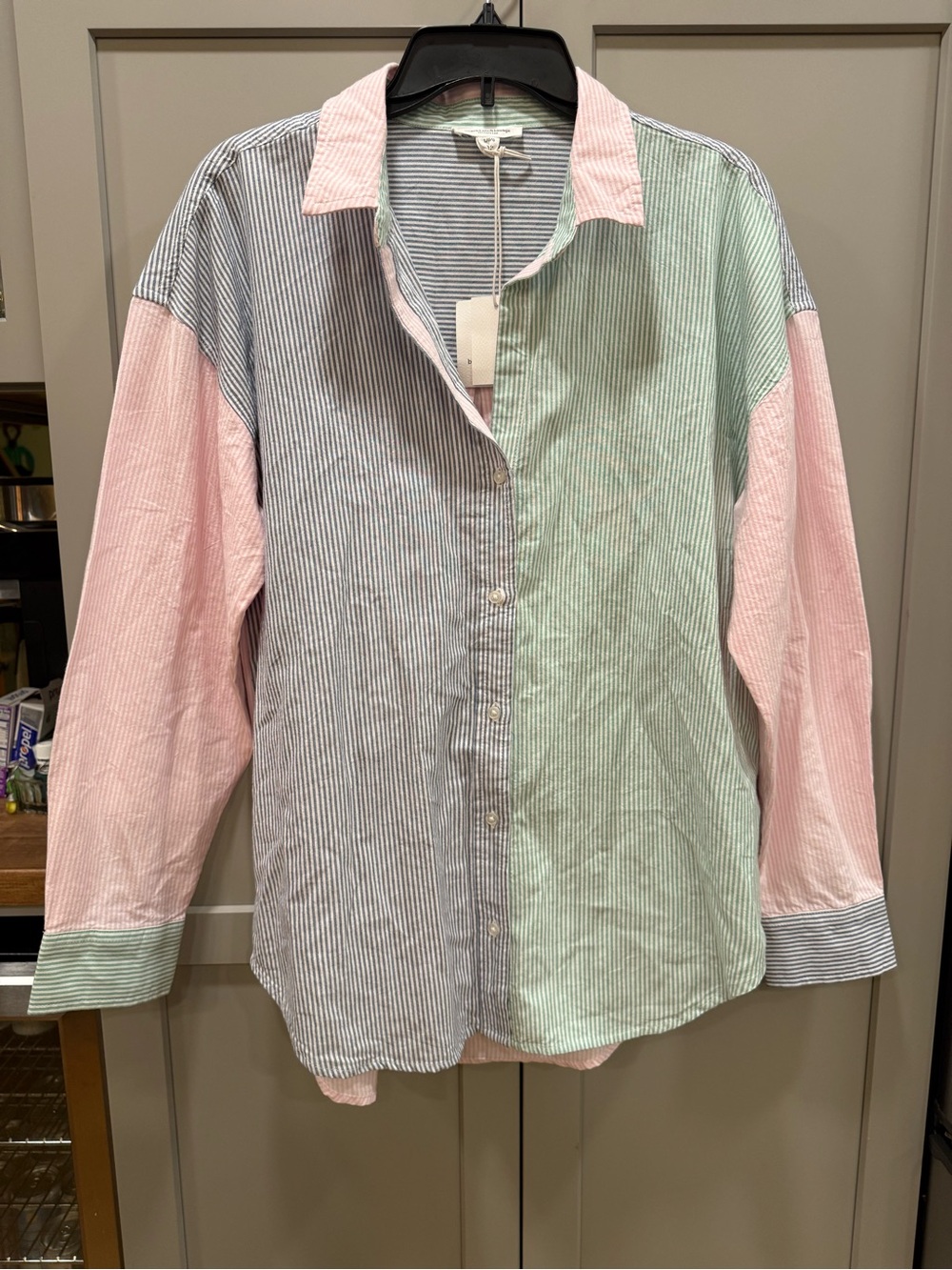 NWT beachlunchlounge Pastel Striped Button-Up Shirt in Pink, Green & Blue